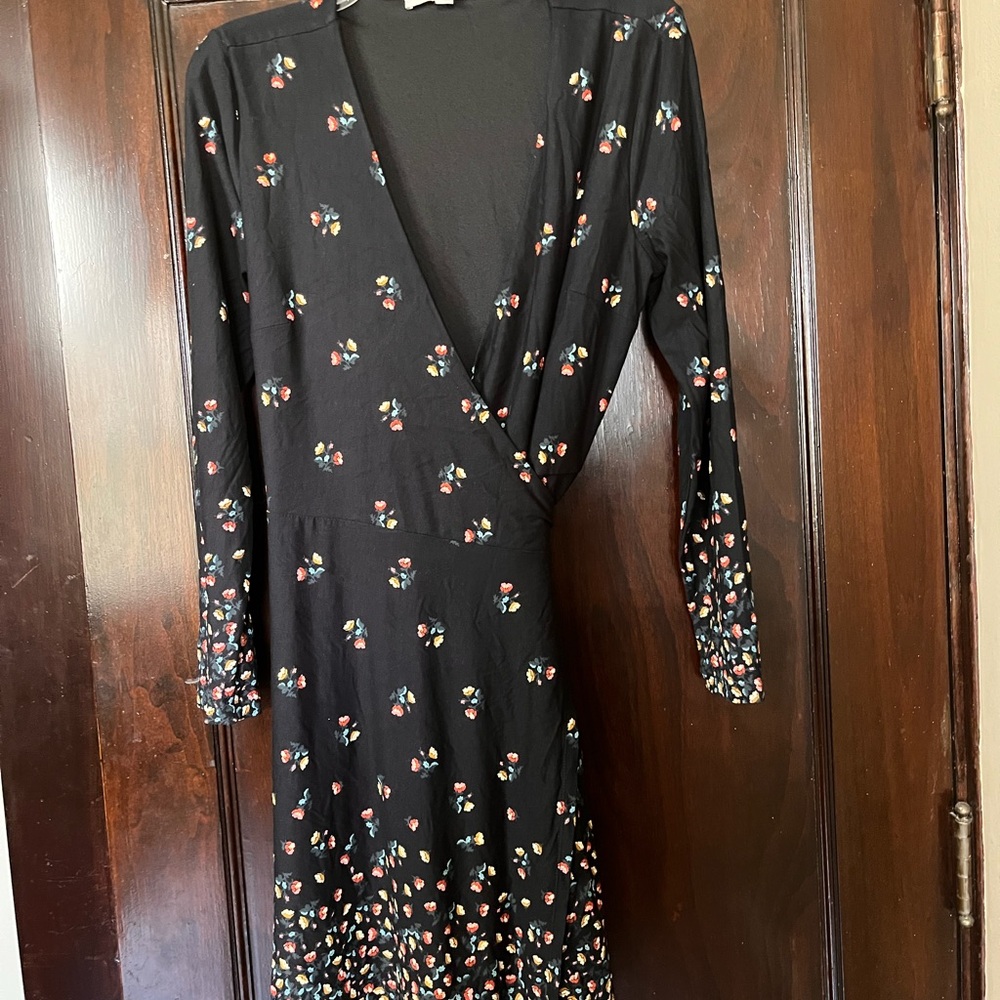 Loft Ann Taylor Black Floral Wrap Dress Long Sleeve Tie Waist Stretch - Picture 2 of 9